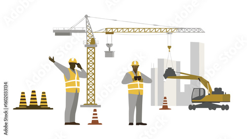Illustration of road workers painting a crosswalk with safety cones and a warning sign present nearby
