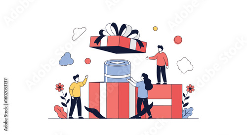 Surprise gift box unboxing experience celebration people opening presents together