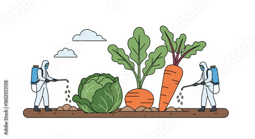 Agricultural workers apply pesticides to protect healthy vegetable crops in field