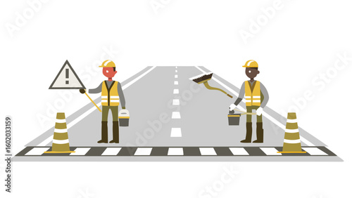 Illustration of construction site with crane excavator workers and safety cones in front of buildings