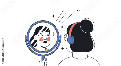 Woman looks in mirror feeling beautiful and confident after music experience