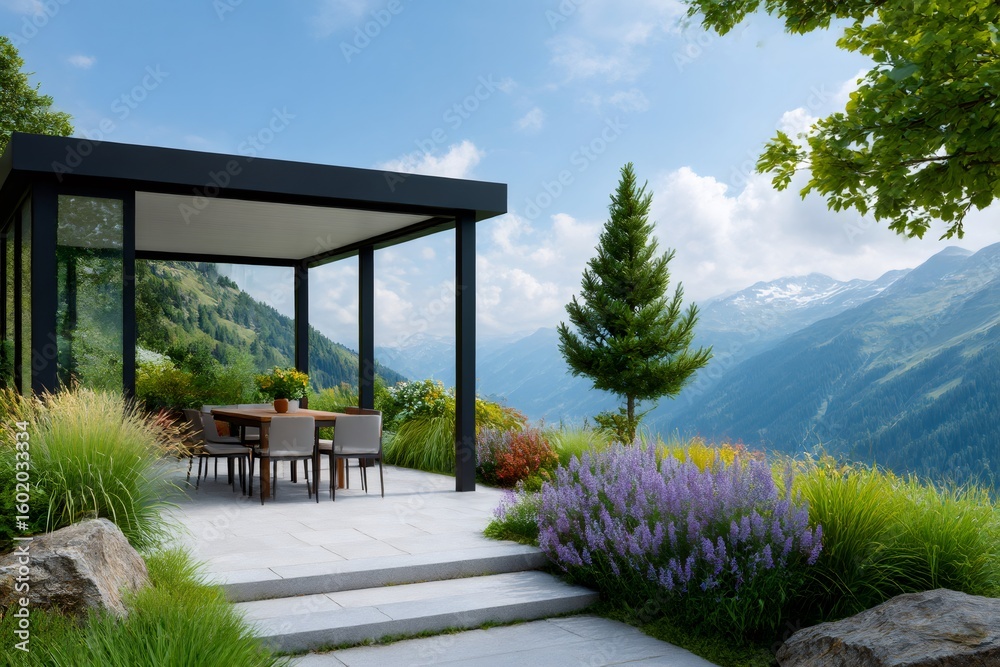 Naklejka premium Modern pergola overlooking breathtaking mountain view enhancing outdoor dining experience