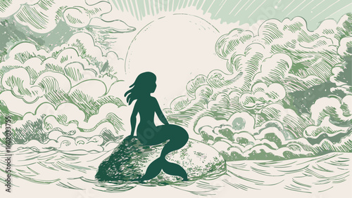 A mermaid silhouette sits on a rock against a backdrop of clouds and a full moon in a green sketch