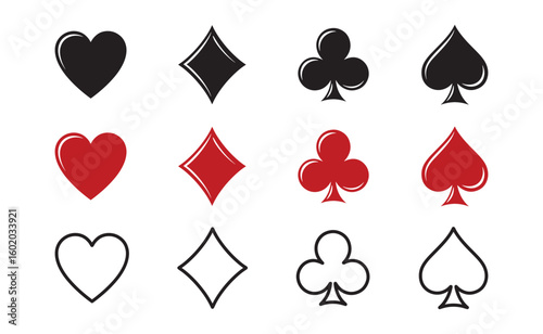 playing cards heart diamonds club spade set collection pack black icon silhouette vector flat illustration design on white background