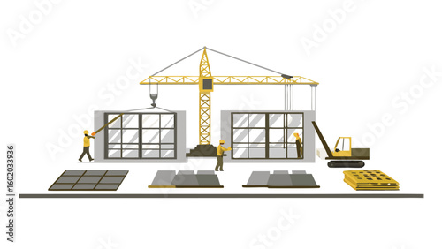 Illustration of construction site with crane, workers, and modular building elements in progress