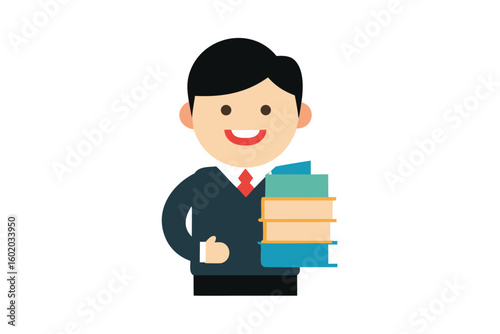 teacher holding a stack of graded papers with smil.eps
