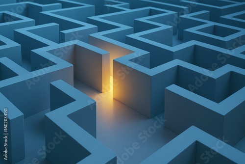 Abstract blue maze with glowing light illuminating one path, symbolizing business strategy, breakthrough, and creative problem solving concept.