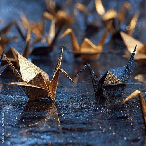 Golden Origami Cranes: Delicate origami cranes, shimmering with gold and black, stand artfully on a glistening, reflective surface, embodying concepts of art and mindfulness.