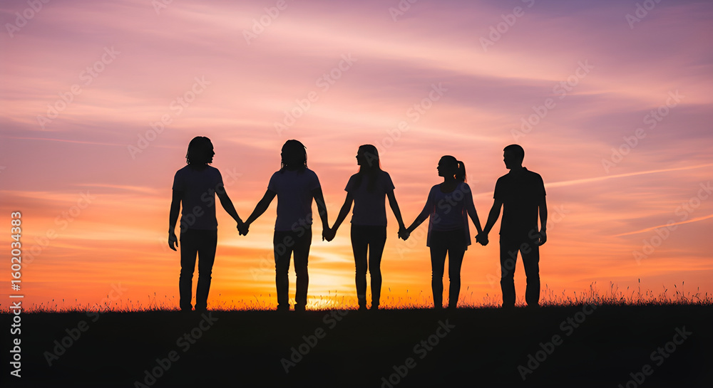 Fototapeta premium Silhouetted friends holding hands, enjoying the sunset's warm glow, symbolizing connection and support.