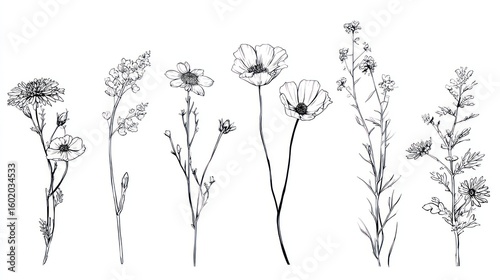 Botanical Sketch: Elegant black and white botanical illustration of assorted wildflowers, showcasing delicate linework and intricate details.
