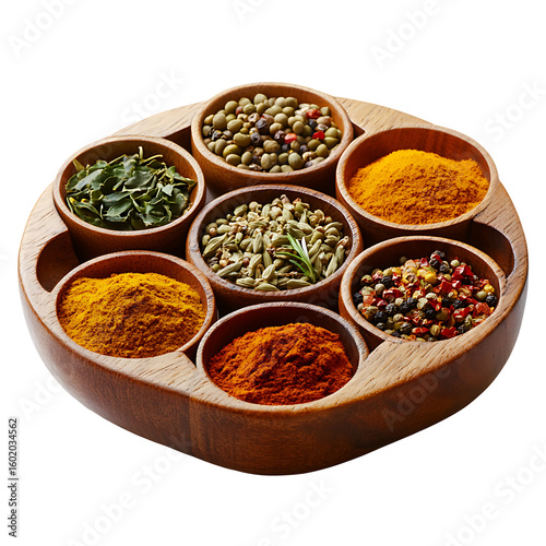 Fototapeta Naklejka Na Ścianę i Meble -  Indian spice set with herbs and powders in round wooden tray isolated on transparent background