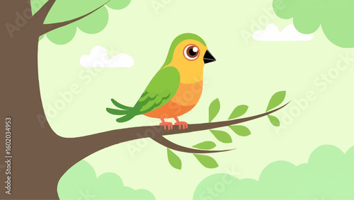 A colorful bird perches calmly on a tree branch, blending beautifully with the morning sky.