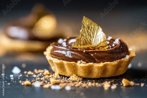 Close-up of a mini chocolate tart with a salted caramel filling, topped with a gold leaf and sea salt, on a dark surface with crumbs