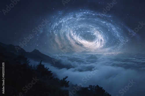 Galactic Horizon: Behold the breathtaking beauty of the cosmos as a swirling galaxy, a vibrant nebula, and a multitude of stars dance above a majestic mountain range shrouded in ethereal clouds.