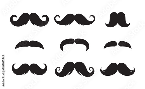 cartoon gentleman classic mustaches set collection pack black icon silhouette vector flat illustration design on white background