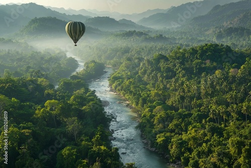 Colorful hot air balloons and paragliders fly over a beautiful mountain landscape, a vibrant summer adventure in the sky