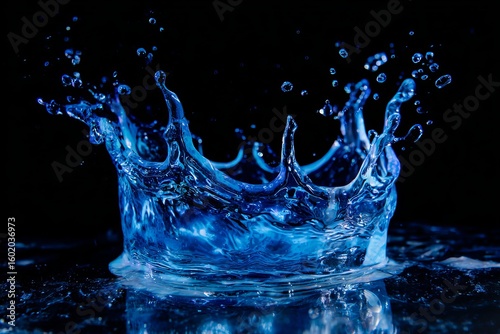 Close-up water splash in a glass with clear, cold blue liquid and refreshing bubbles isolated on black