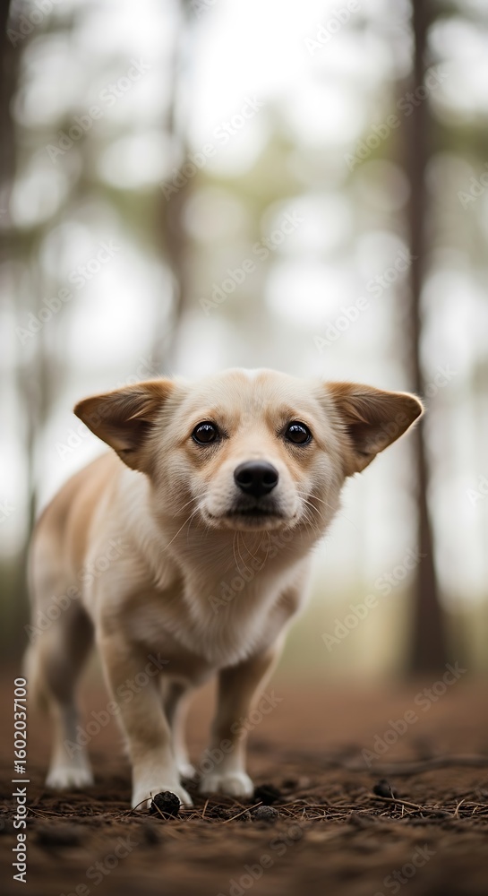 Adorable curious puppy standing in a forest setting with soft light and blurred background making Adorable curious puppy standing in a forest setting with soft light and blurred background making