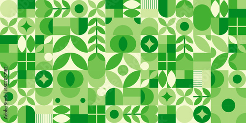 Green eco friendly symbol mosaic seamless pattern illustration set with nature abstract shapes. Fresh organic concept background print. Minimalist environment shape texture, geometry collage.