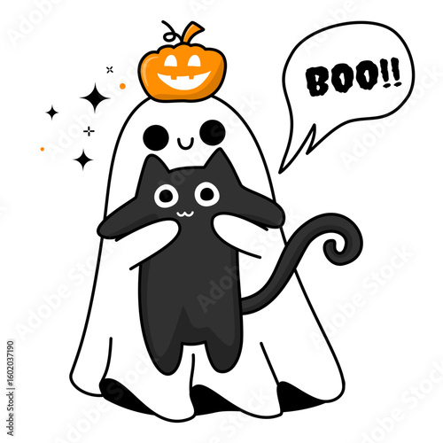 Cute Ghosts Halloween Cartoon Stickers Symbol Collection. Vector Illustration.