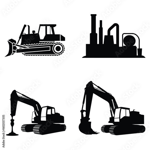 Black silhouettes of construction vehicles and industrial factory construction equipment
