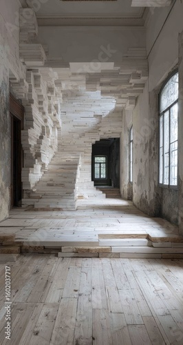 Layered wood installation in a hallway
