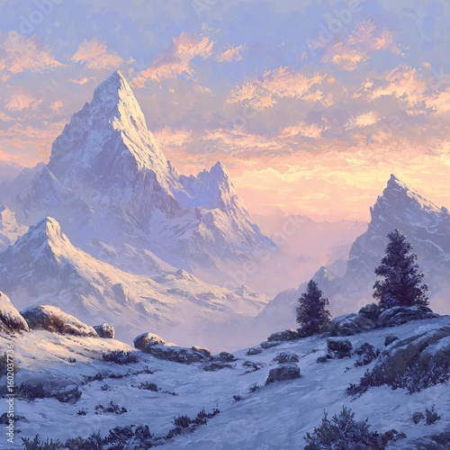 Winter alpine panorama at sunrise or sunset, showcasing high, snow-capped mountain peaks and a dramatic sky