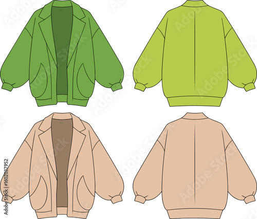 Oversized jacket flat sketch, front and back view, cad fashion drawing, technical illustration, outerwear coat template, vector apparel design