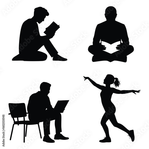 Four black silhouettes of people reading and dancing on white background book