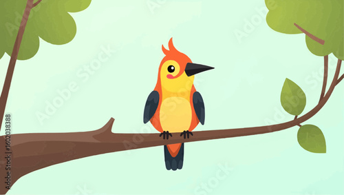 A colorful bird perches calmly on a tree branch, blending beautifully with the morning sky.