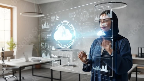 Arab businesswoman using cloud technology in a modern office interface screen
