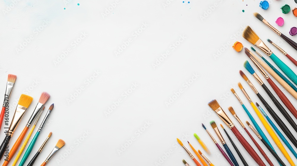 Fototapeta premium A collection of paintbrushes arranged around a blank canvas for artistic creation.