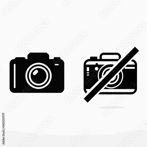 Minimalist Black Vector SVG Icon Set Featuring Camera Symbols with and without Slash Line in Flat Design Style for Photography Applications