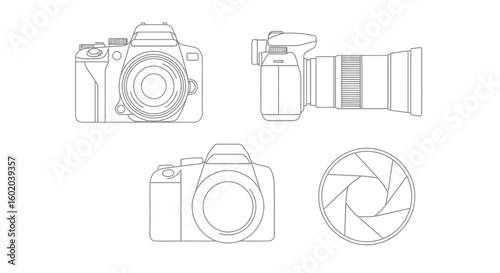 Vector Minimalist Line Art SVG Illustration of Camera with Lens and Aperture Icon in Modern Flat Style