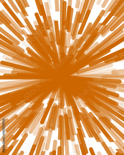 A dynamic, abstract burst of orange rectangular shards radiating from a central point against white, creating an energetic, explosive effect.