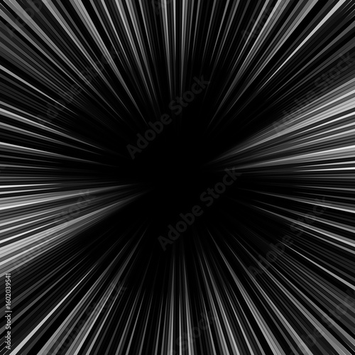 A dramatic, high-contrast black and white starburst with sharp rays radiating from a dark center, creating a sense of motion or explosion.