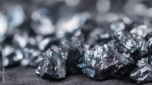 raw molybdenum ore crystals on black shale with metallic reflections,showcasing strategic mineral resources and clean energy materials for industrial use.