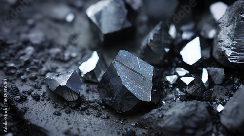 raw molybdenum ore crystals on black shale with metallic reflections,showcasing strategic mineral resources and clean energy materials for industrial use.