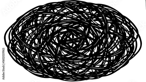 An oval shape filled with many black lines creating a dense and chaotic visual texture design created with generated ai