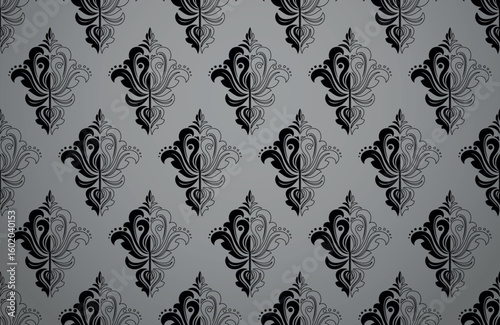 Wallpaper in the style of Baroque. Gray and black floral ornament. Seamless vector background. Graphic pattern for fabric, wallpaper, packaging. Ornate Damask flower illustration