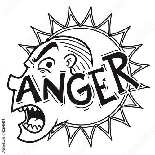 Stylized black and white illustration of a furious face with the word anger rage fury