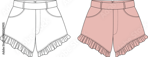 Stylish high waist ruffle hem shorts flat sketch, front view design, fashion cad drawing, editable vector, technical fashion illustration