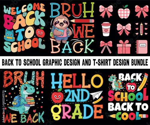 Back to School Graphic Design T-Shirt Design Bundle.  Back to School design Bundle. Retro vintage t-shirt design.  Back to School graphic design