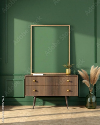 Modern mid century dresser with pampas grass and golden accents on green wall