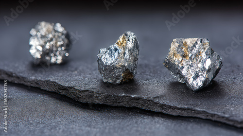 Raw molybdenum ore crystals on black shale with metallic reflections,showcasing strategic mineral resources and clean energy materials for industrial use.
