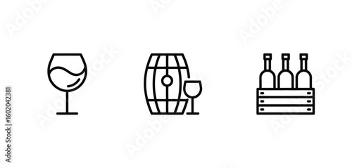 Wine Glass Barrel and Bottles in Crate Outline Icons on White Background