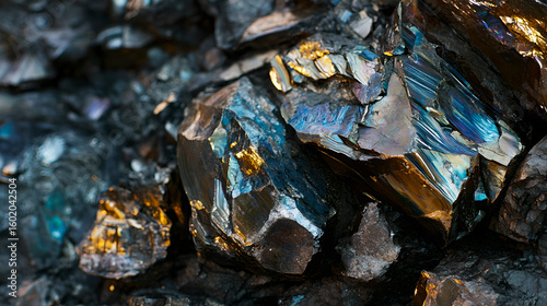 Raw molybdenum ore crystals on black shale with metallic reflections,showcasing strategic mineral resources and clean energy materials for industrial use.