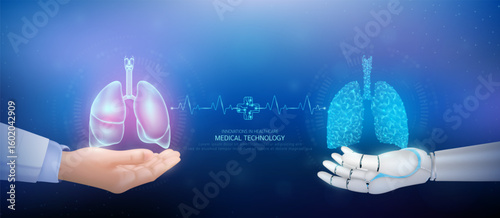 Medical technology. Lung polygon transparent on robot hand and doctor with heartbeat pulse cross circuit symbol. Innovative in health care futuristic by artificial intelligence (AI). Banner vector.