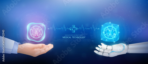 Medical technology. DNA nucleus cell polygon transparent on robot hand and doctor with heartbeat pulse cross circuit symbol. Innovative in health care futuristic by artificial intelligence. Vector.