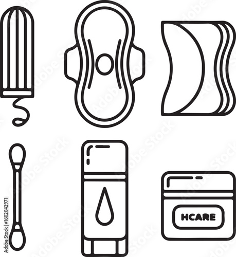 Feminine Hygiene and Personal Care Products Line Art Icons Featuring Tampon Sanitary Pad Panty Liner Cotton Swab Lotion and Moisturizer in Black and White